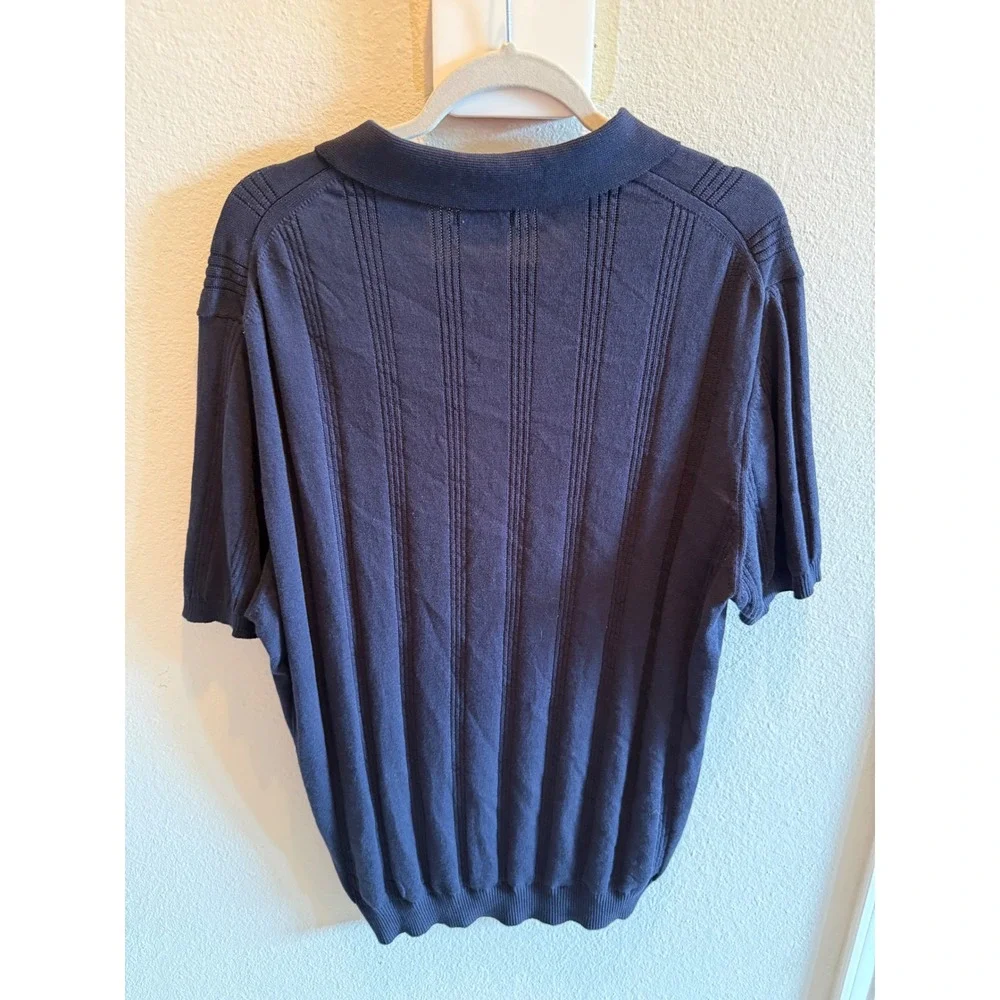 Zara Mens‎ XL Navy Blue Textured Knit Polo Sweater Long Sleeve Ribbed V-Neck